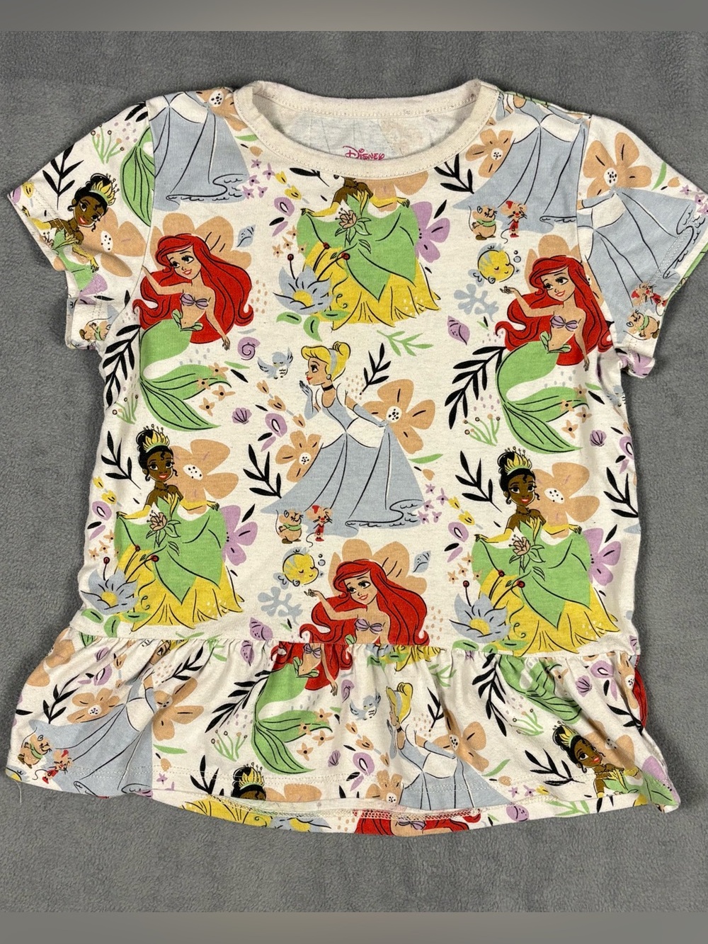 Disney Princess Shirt Girls Size 5 Ariel Cinderella Tiana Peplum Top Ruffle